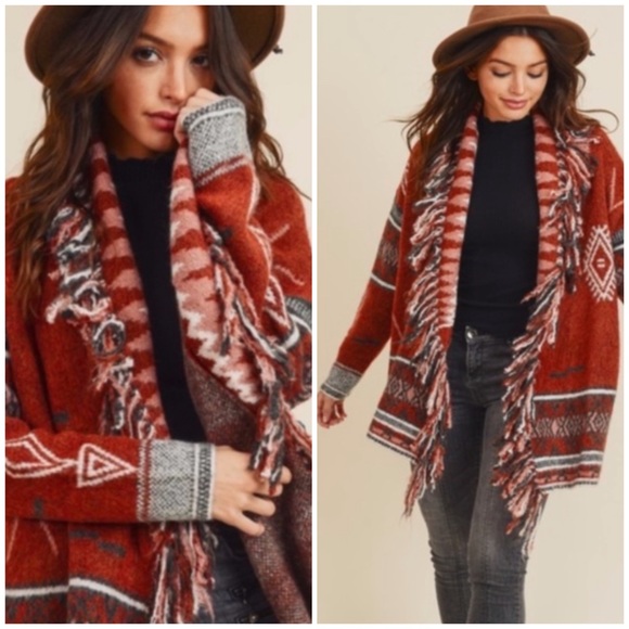 Sweaters - Cowichan Boho Aztec Native Fringe Print Soft Knit Cardigan Sweater